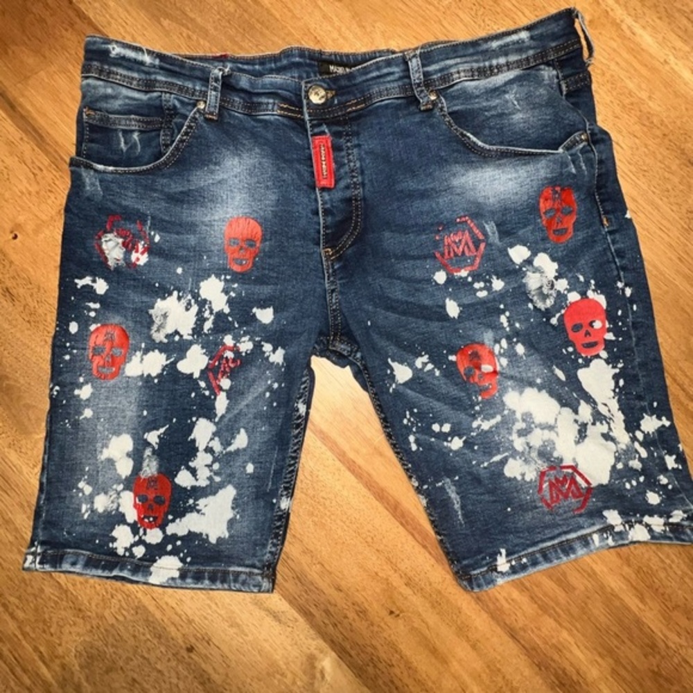 Mario Morato Denim Jeans Shorts Size 38‎ Skinny Fit Skulls Paint Splatter